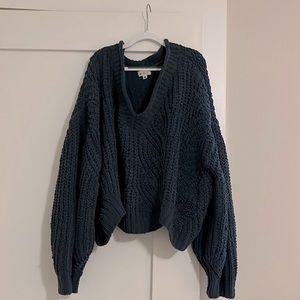 V neck bell sleeve slouchy chenille sweater. Gray blue color w/ green undertones